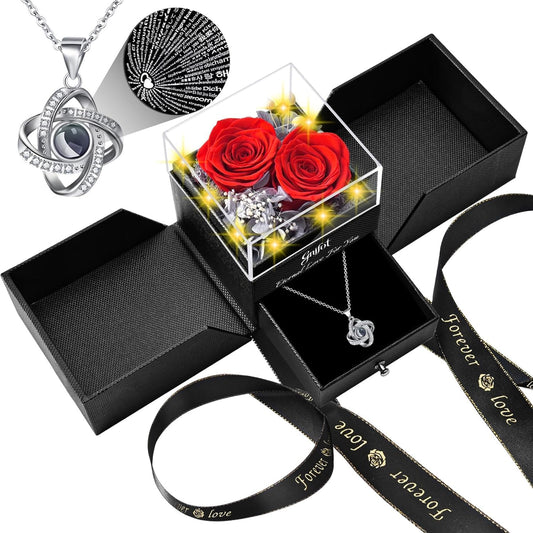 Preserved Red Real Rose with I Love You in 100 Languages Necklace,Eternal Flowers Gifts for Women Wife Girlfriend Mom Grandma on Birthday Anniversary Valentines Mothers Day Christmas,Red Rose