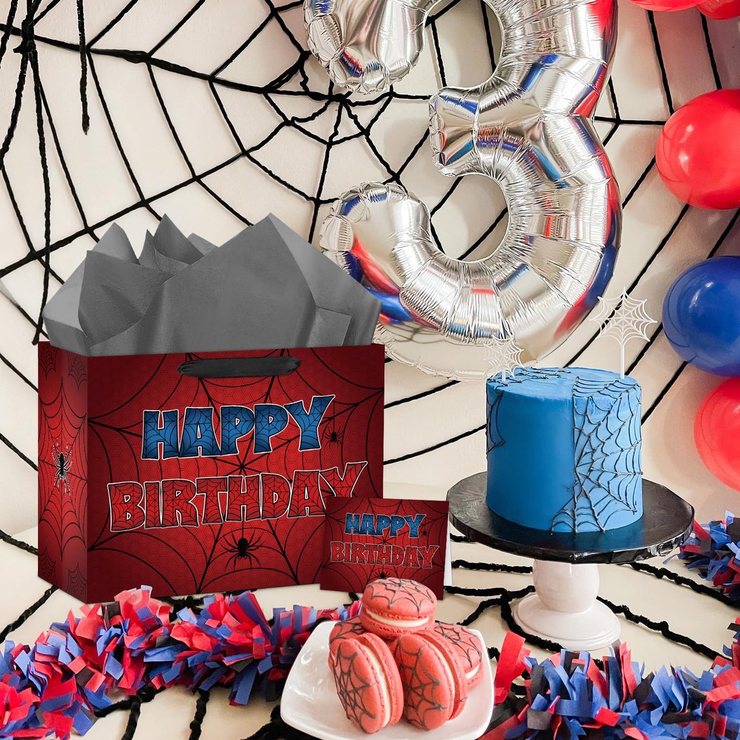 Hooqict Spider Gift Bag Happy Birthday Gift Wrapping Bag with Handles, Tissue Paper, Greeting Card for Kids Boys Teens Men Goodie Candy Treat Gift Box Spider Web Birthday Party Favors