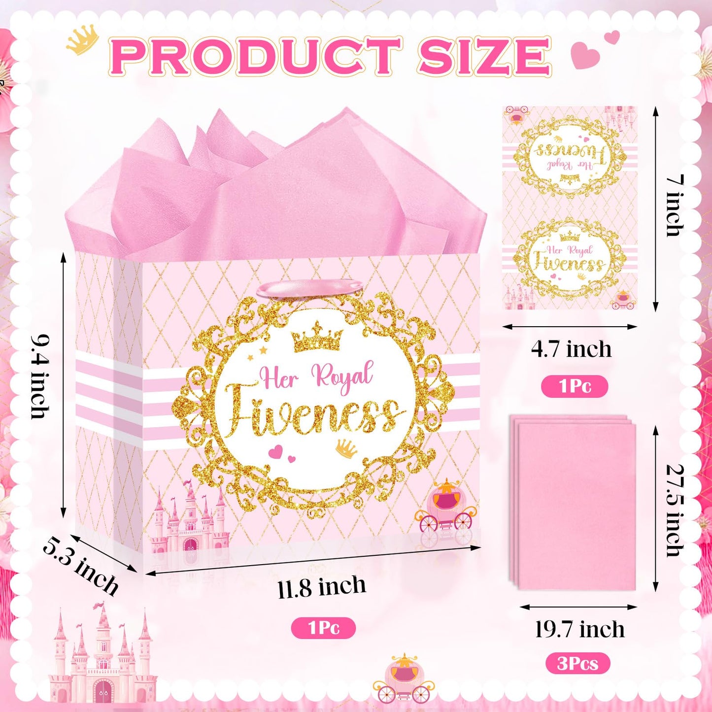 Princess Gift Bags Pink Happy 5th Birthday Party Favors Bag Princess Birthday Party Decorations with Wrapping Tissue Paper and Greeting Card for 5 Year Old Girls Kids Baby Shower Party Supplies Decor