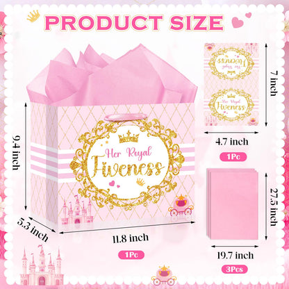 Princess Gift Bags Pink Happy 5th Birthday Party Favors Bag Princess Birthday Party Decorations with Wrapping Tissue Paper and Greeting Card for 5 Year Old Girls Kids Baby Shower Party Supplies Decor
