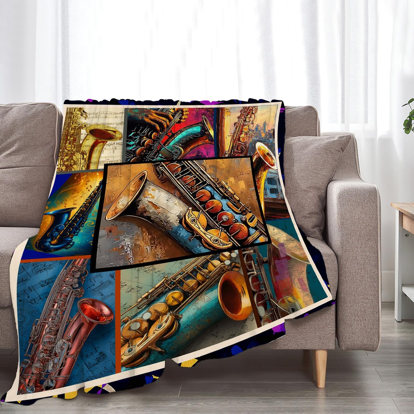 Taimeng Saxophone Throw Blanket, Sax Jazz Music Themed Blanket, Musicians Music Lovers Stuffed Fleece Cozy Flannel Warm Lightweight Blankets Gifts for Kids Teens Women Men Girls Boys 40"X50"