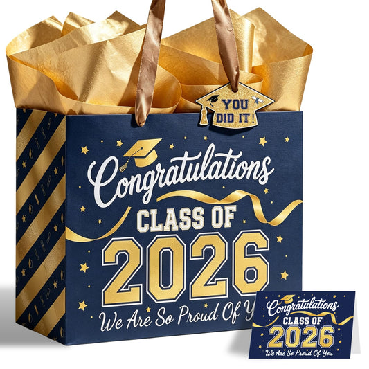 TOTEUSVIA 13" Large Graduation Gift Bag, Blue Gold Congratulations Gift Bags for Class 2026 with Tissue Paper and Greeting Card