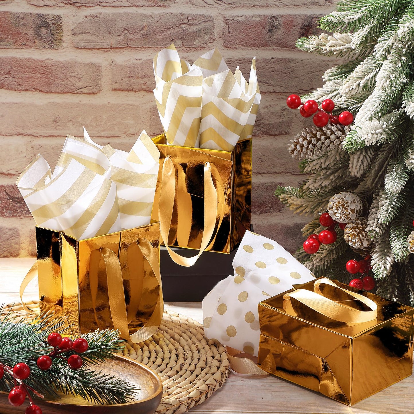 Tenare 12 Pcs Small Gift Bags Mini Paper Bags Bulk Tiny with Handle Tissue for Jewelry Gift Wrapping Father's Day Birthday Grad Graduation Party Supply(4 * 2.75 * 4.5inch,Gold)
