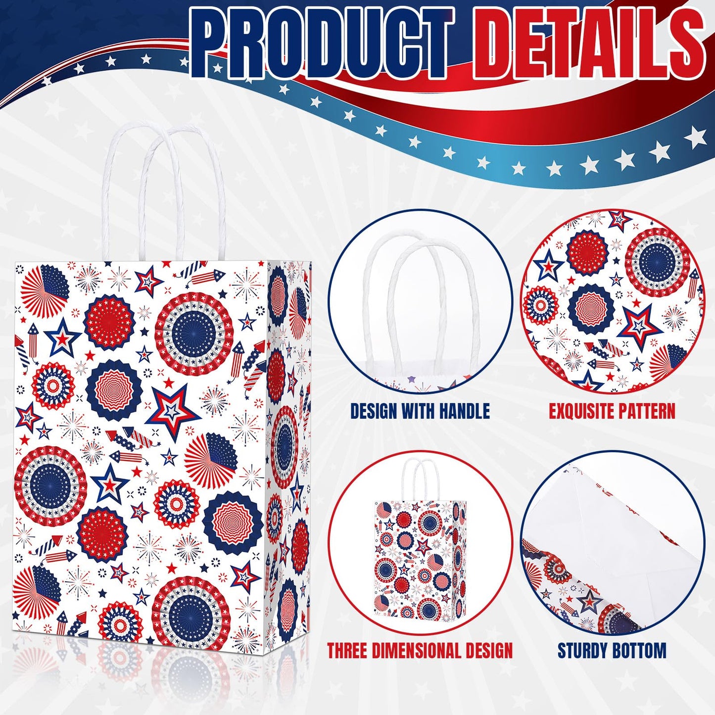 Glenmal 24 Pcs 4th of July Gift Bags with Handle Patriotic Red Blue White Gift American Flag Paper Candy Treat Goodie Bags for Wrapping Memorial Day Independence Day Party Favor