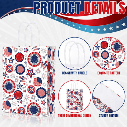 Glenmal 24 Pcs 4th of July Gift Bags with Handle Patriotic Red Blue White Gift American Flag Paper Candy Treat Goodie Bags for Wrapping Memorial Day Independence Day Party Favor