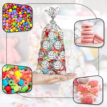Outus 100 Pcs Volleyball Print Cellophane Bags Volleyball Party Treat Gifts Bags with 200 Pieces Twist Ties for Birthday Party Supplies Goody Favor