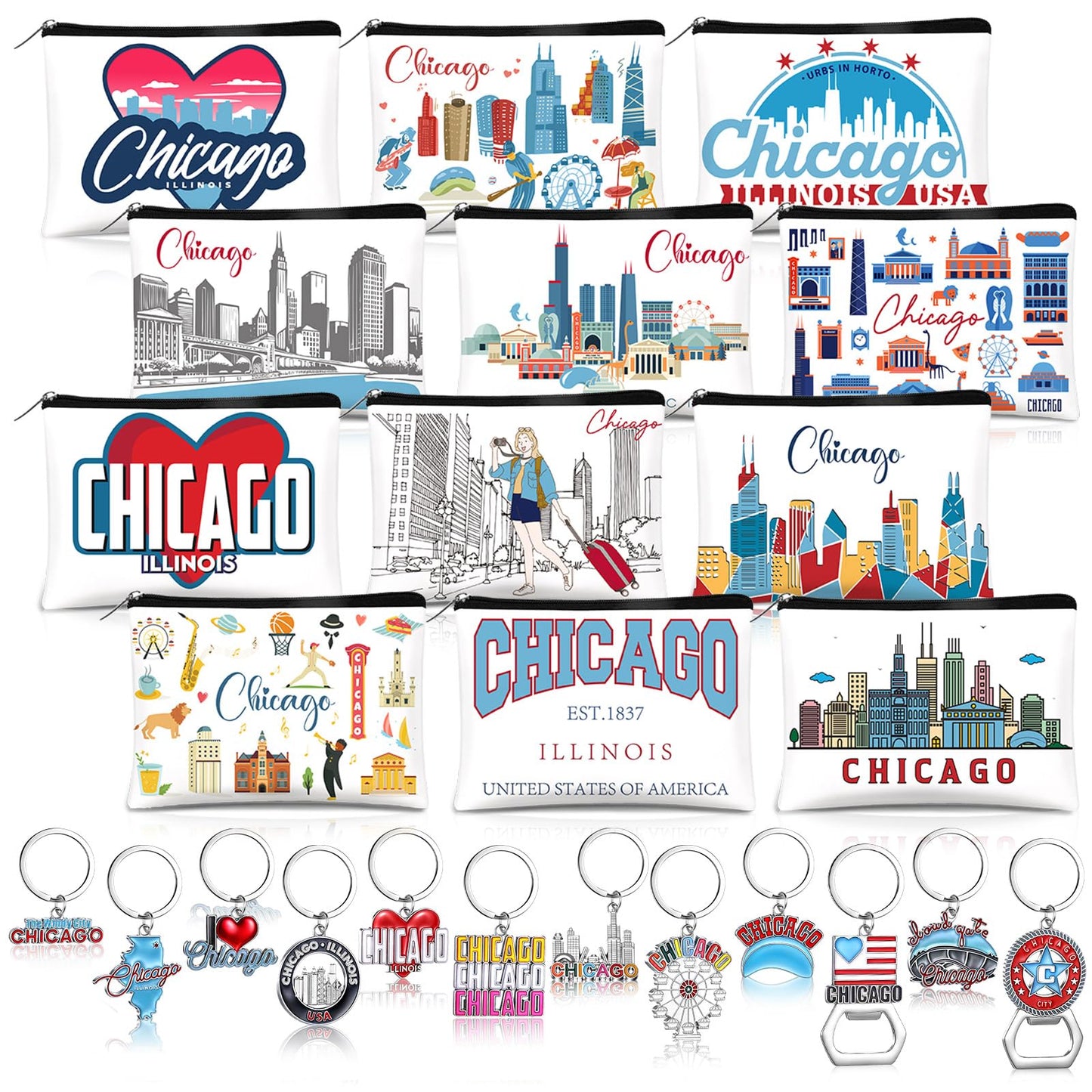 Reginary 24 Pcs State Souvenir Gifts 12 Metal Keychain 12 Cosmetic Bag USA Souvenir Themed Gifts for Traveler Christmas Party(Chicago)