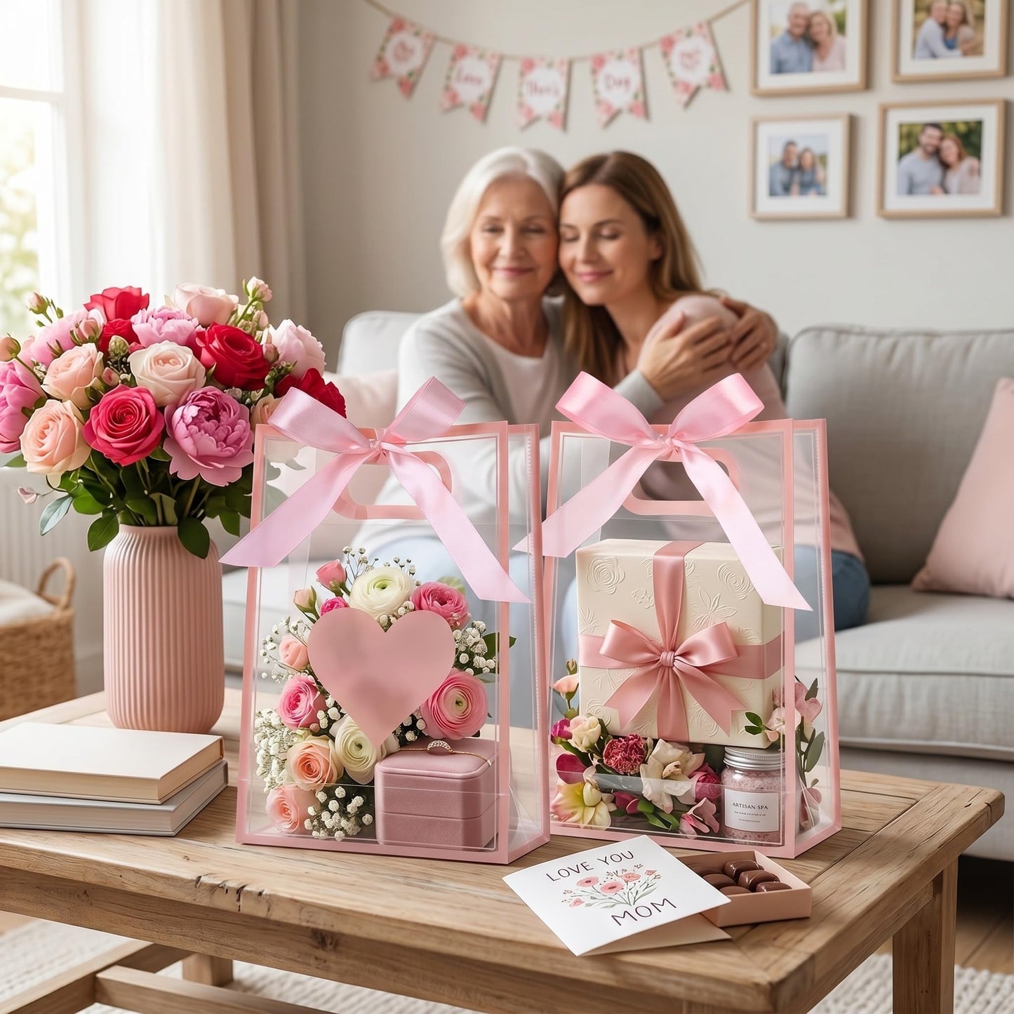 Gueevin 24 Pcs Mother's Day Heart Gift Bags with Ribbon Pink Heart Clear Plastic Gifts Bags with Handles Reusable Gift Wrap Tote Bag for Mom Wedding Bridal Birthday Party