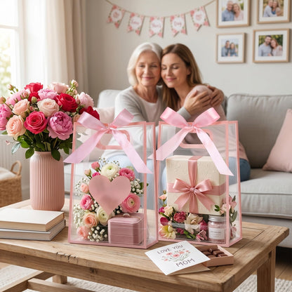 Gueevin 24 Pcs Mother's Day Heart Gift Bags with Ribbon Pink Heart Clear Plastic Gifts Bags with Handles Reusable Gift Wrap Tote Bag for Mom Wedding Bridal Birthday Party