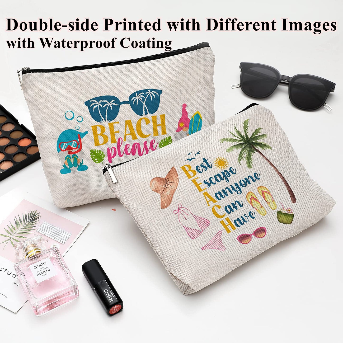 ZUYUROU Beach Makeup Bag for Women, Funny Travel Cosmetic Pouch, Beach Please Zipper Bag, Summer Vacation Gift, Tropical Aesthetic Bag for Girls, Best Escape Anyone Can Have Travel Organizer