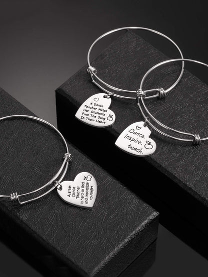 Zhanmai 3 Pieces Dance Teacher Gifts for 2026 Teacher's Day Bracelet Bangle Gift Engraved Appreciation Quotes Expandable Steel Bracelet with Heart Pendant for Women Dance Teacher