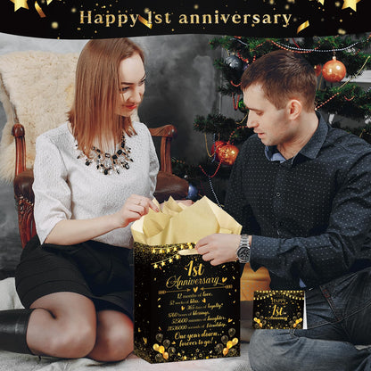 Happy 1st Anniversary Party Favor Bag Black Gold One Year Wedding Anniversary Wrapping Paper Bag with Tissue Paper and Greeting Card First Wedding Candy Goodies Treat Bags for Couple Wife Husband