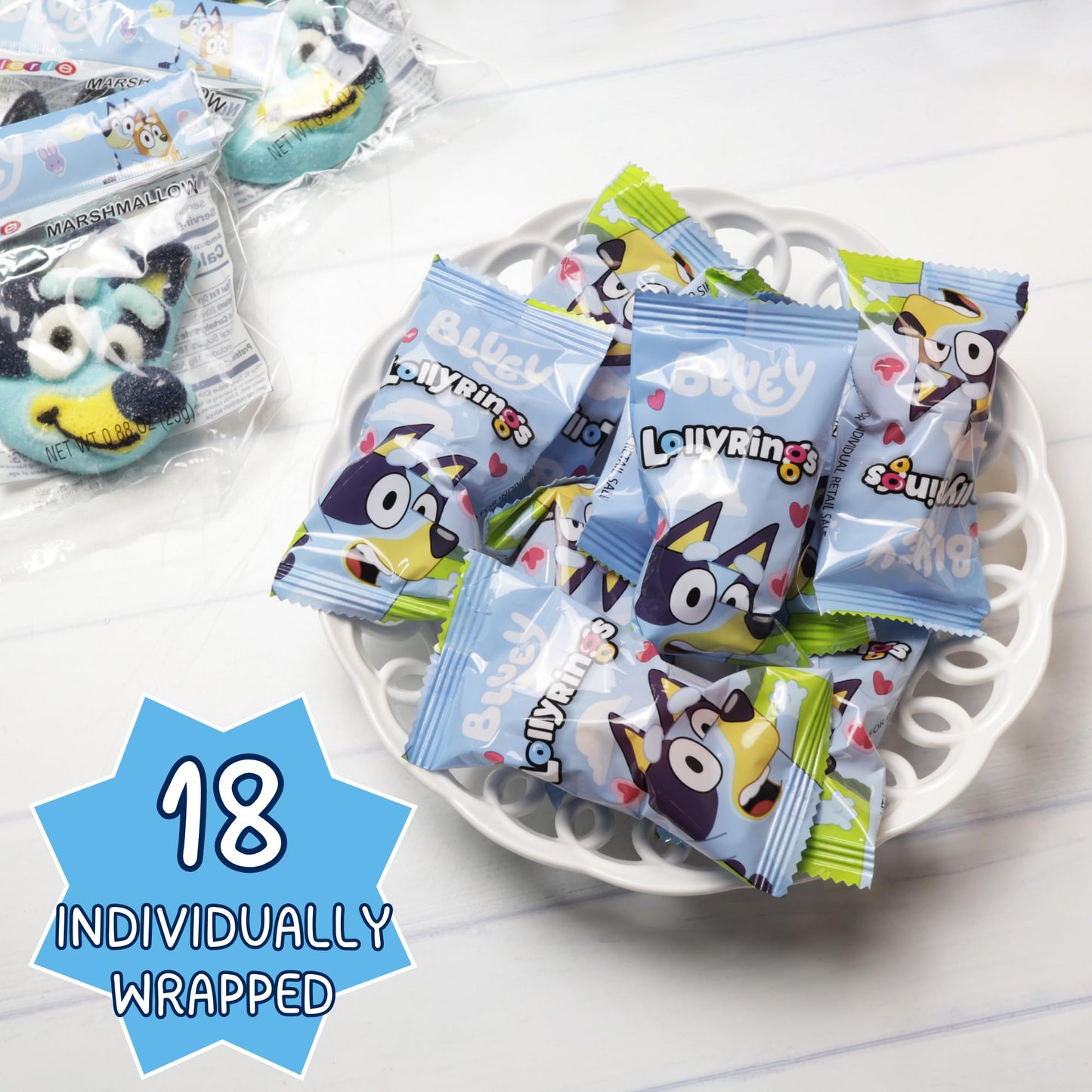 Galerie Bluey Lollipop Rings, Orange and Blue Raspberry Flavored, Individually Wrapped Party Favor Candy, Box of 18