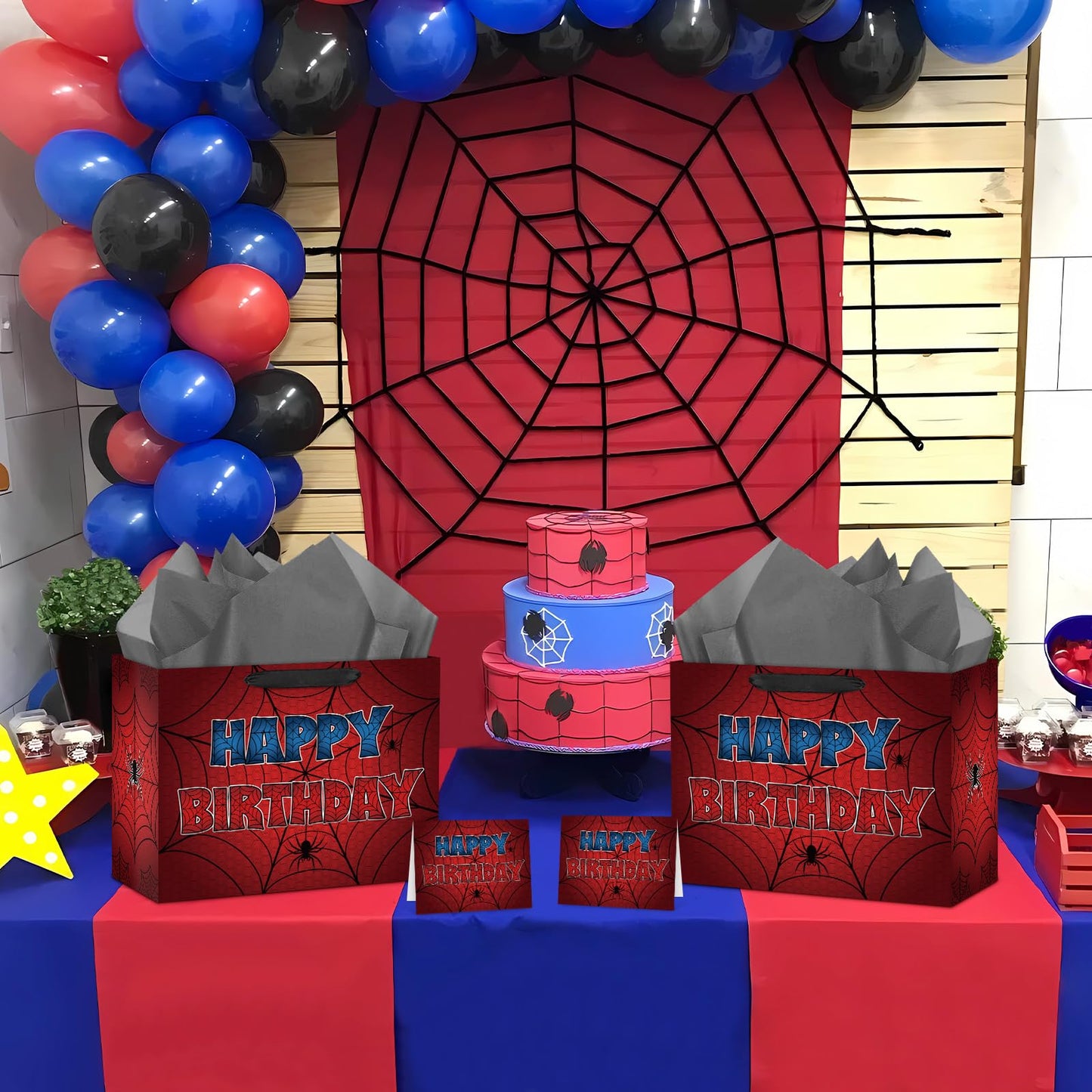 Hooqict Spider Gift Bag Happy Birthday Gift Wrapping Bag with Handles, Tissue Paper, Greeting Card for Kids Boys Teens Men Goodie Candy Treat Gift Box Spider Web Birthday Party Favors