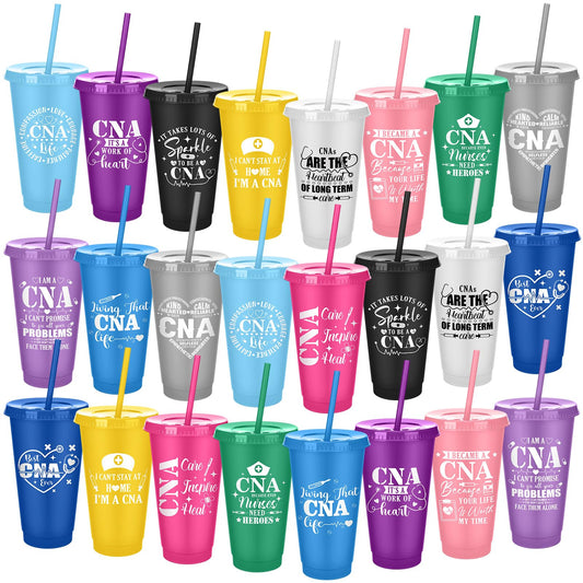 Meanplan 24 Pcs Cna Week Gifts Bulk Certified Nursing Assistants Gifts Cna Cups with Lids and Straws 24 oz Plastic Tumbler Nurse Appreciation Travel Mugs for Graduation Retirement Party Favors