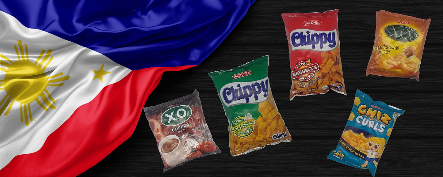 Filipino Snacks Box Variety Pack Assortment of 10 Authentic Food Products like Lucky Me, JackNJill, Skyflakes and more with Philippines Flag and Pride Stickers