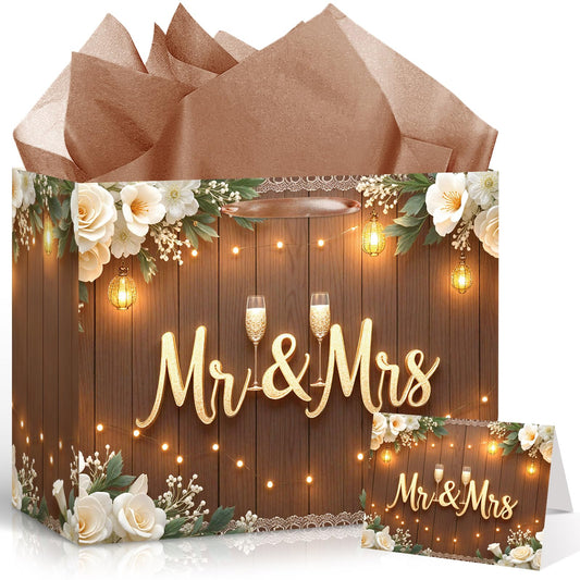 Wedding Gift Bags Mr and Mrs Engagement Gift Bags Elegant Bridal Shower Gifts Bag With Tissue Paper Greeting Card Wedding Wrapping Paper Party Favor Bag for Mr&Mrs Engagement Party Supplies Decor