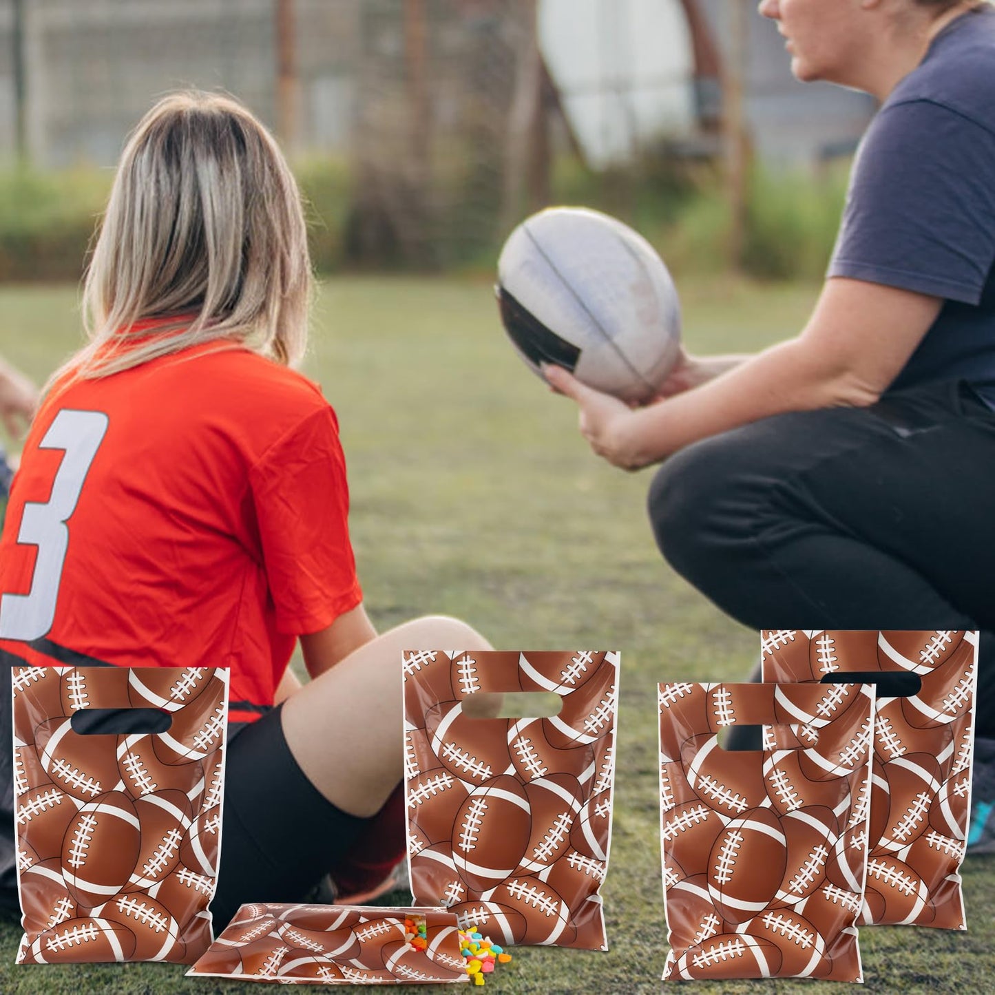 Hxezoc 50 Pieces Football Gift Bags with Handle, Plastic Treat Candy Bag Sport Favor Bags with Football Pile For Kids Birthday Party Decoration Supplies
