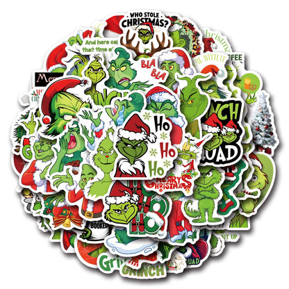 55pcs Christmas Grinches Popular Stickers for Kids, Children's Cartoon Sticker for Water Bottle,Laptop,Waterproof Vinyl Decals for Teens Girls Boys (Green-B)