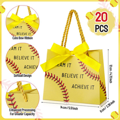 Marspark 20 Pcs Softball Graduation Party Gift Bags with Handle Ribbon Softball Goodie Treat Bags 5.5 x 4.7 x 2.3'' Inspirational Sports Theme Handbags End of Year Gift for Sports Birthday Classroom