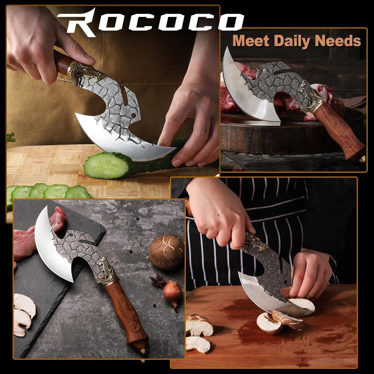 ROCOCO Viking Cleaver Knife Birthday - Butcher Meat Cutting Boning Knife Hand Forged Chinese Kitchen Axe with Sheath Home Outdoor BBQ Camping Chirstmas Mother Father Gift Men