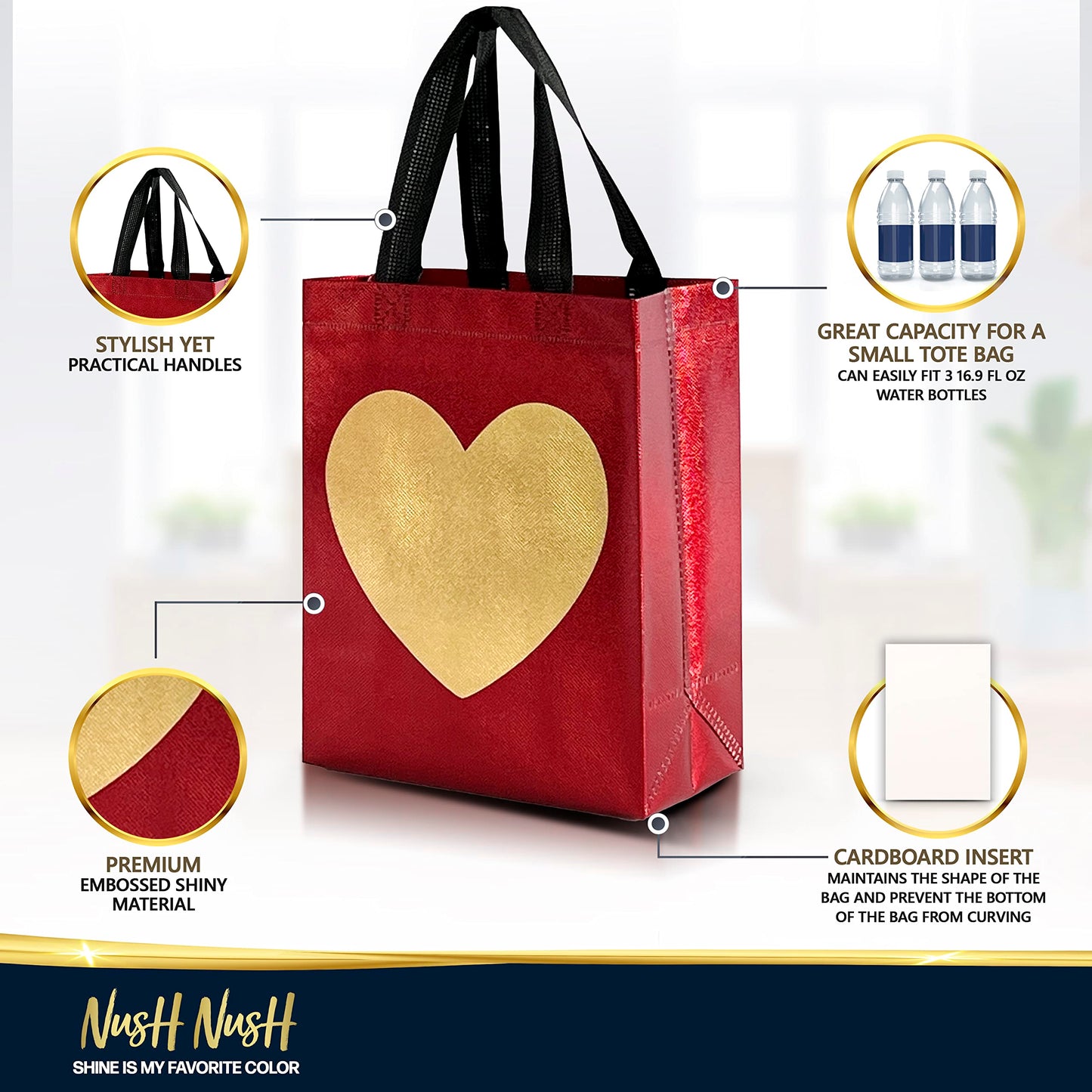 Nush Nush Gold Heart in Red Gift Bags Medium Size - Set of 12 Reusable Heart Gift Bag with Handles - Ideal Goodie Bag for Anniversary, Engagement, Wedding, Birthday, Valentines Day - 8x4x10