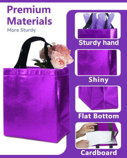 12 Purple Gift Bags with Tissues - Medium Sturdy Reusable Metallic Non-Woven 8x4x10 for Easter, Mother's Day, Graduations, Weddings & Birthdays