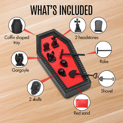 Coffin Zen Garden with Red Sand - Unique Mini Therapy Zen Garden Kit for Desk - Spooky Goth Valentines Halloween Decor Sand Garden with Skulls for Home and Office - Witchy Gifts for Women