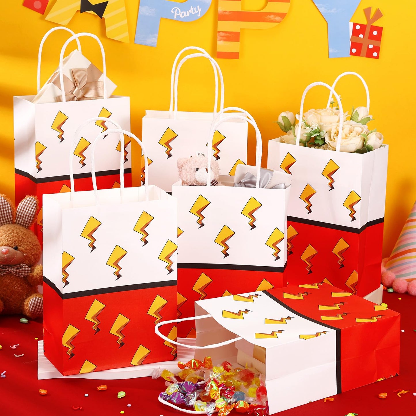 24 Pcs Cartoon Animation Gift Bags Red Birthday Party Bags Paper Goodie Bag with Handle Candy Bag Decorations for Birthday Holiday Event Supplies Gift Fillers