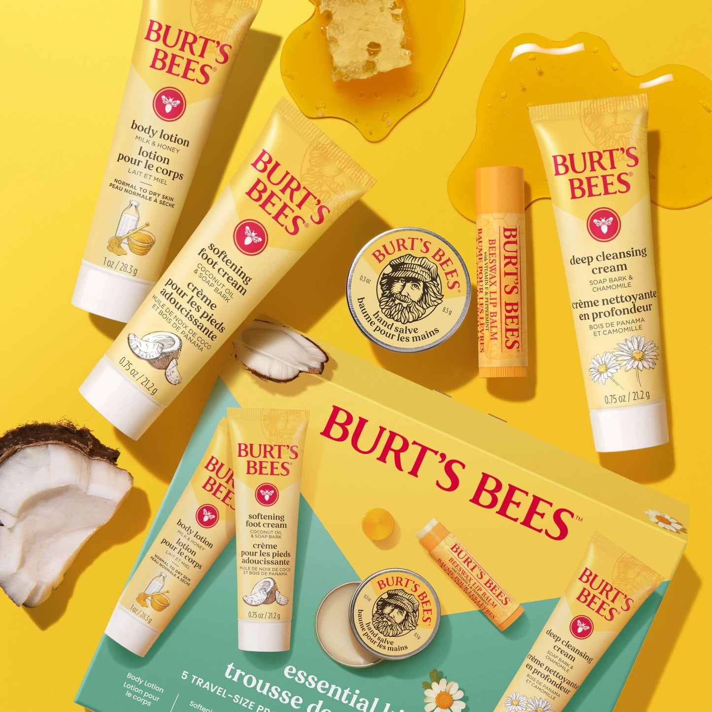 Burt's Bees Mothers Day Gifts Ideas - Essentials Everyday Set, 5 Travel Size Products - Deep Cleansing Cream, Hand Salve, Body Lotion, Foot Cream and Original Lip Balm