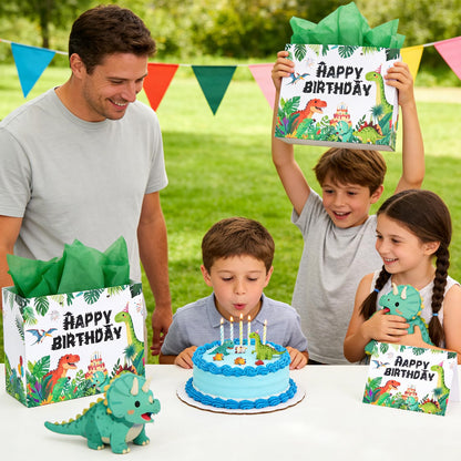 Lednica Dinosaur Happy Birthday Gift Bag with Tissue Paper, Envelop and Greeting Card, T-Rex Paper Gift Bags for Kids Boys Girls, Green Dino Party Favors Supplies, 11.8"x9.5"x5.3"