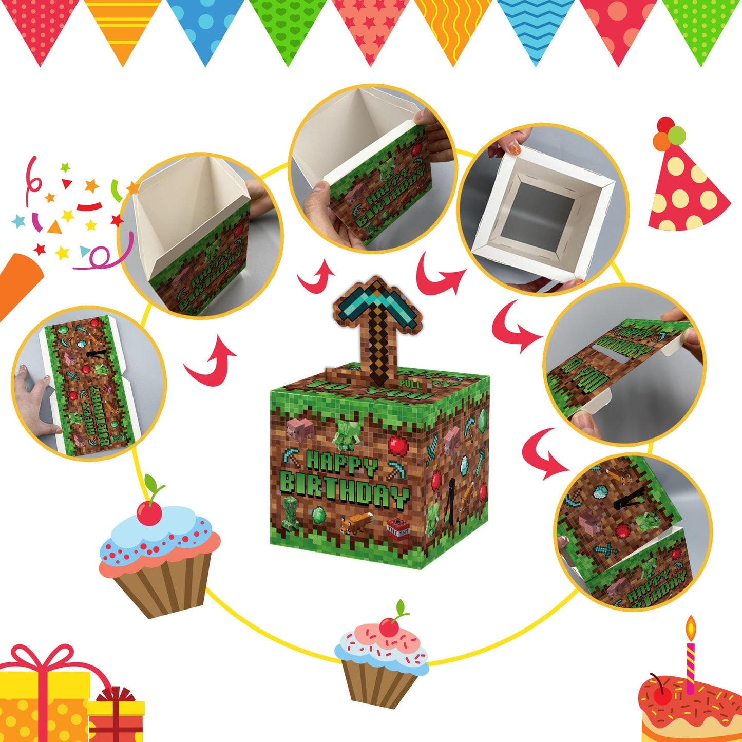 Surprise Money Box Gift Pull for Game Lover- Pixel Game Happy Birthday Money Box for Cash Gift Set Included Happy Birthday Card and 35 Pcs Transparent Bags, Fun Birthday Gift for Women Men