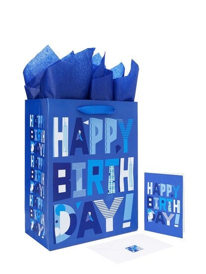 wishinside 13" Large Blue Gift Bags Set with Greeting Card and Tissue Papers (Blue Happy Birthday) for Men's Birthday Party, Father, Grandpa, Kids' Parties, Baby Boy - 13”x10.2”x5.2”, 1 Pcs
