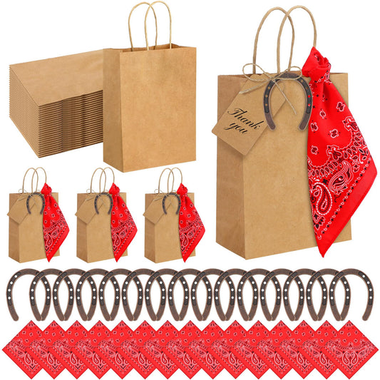 Skicuff 24 Sets Western Cowboy Paper Gift Bags Bulk for Wedding Cowgirl Goodie Candy Bags with Good Luck Horseshoes Red Bandana Kraft Tags for Rustic Vintage Western Wedding Party Favors