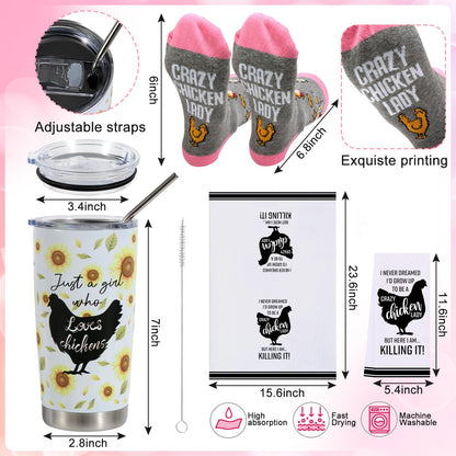 Kolewo4ever Chicken Lady Gifts Set Chicken Tumbler Cosmetic Bag Kitchen Towel Keychain Earrings Socks Charm Bracelet Notepad