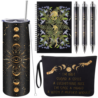 FoldTier 6 Pcs Gothic Witch Gift 1 Moon Phase Tumbler with Lids and Straw 1 Witchy Makeup Bag & 1 Journal Notebook 3 Inspirational Ballpoint Pens Xmas Witchcraft Lover Gift for Women Friends