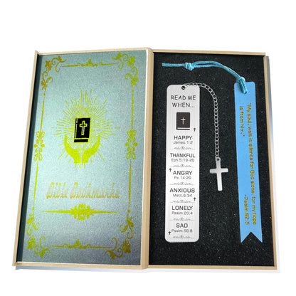 Men's Bible Bookmarks Gift Set – Black Wood Box, Blue Genuine Leather & Silver Metal, Engraved Verses & Mood Guide, Permanently Etched, for Elder, Teacher, Colleague, Brother