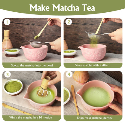 Matcha Whisk Tea Set Kit: Japanese Matcha Kit - Ceramic Bowl Bamboo Whisk Chasen Holder spoon Measuring Scoop Sifter - Traditional Practical for Tea Ceremony Breakfast Lattes - Home Kitchen Christmas