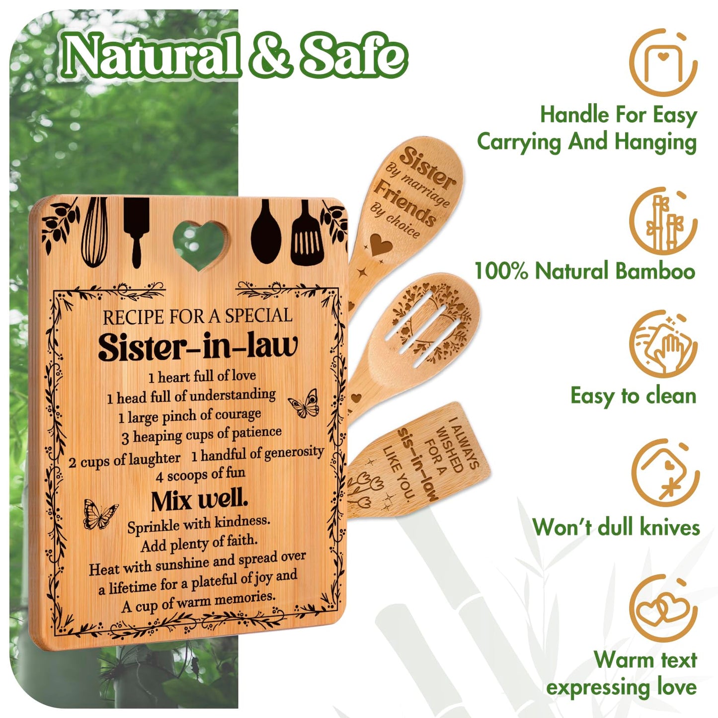 Gifts for Sister in Law - "Recipe for a Special Sister-in-Law", Sister in Law Birthday Gifts Engraved Bamboo-Made Cutting Board Set, Mothers Day Gifts for Sister in Law.
