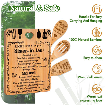 Gifts for Sister in Law - "Recipe for a Special Sister-in-Law", Sister in Law Birthday Gifts Engraved Bamboo-Made Cutting Board Set, Mothers Day Gifts for Sister in Law.