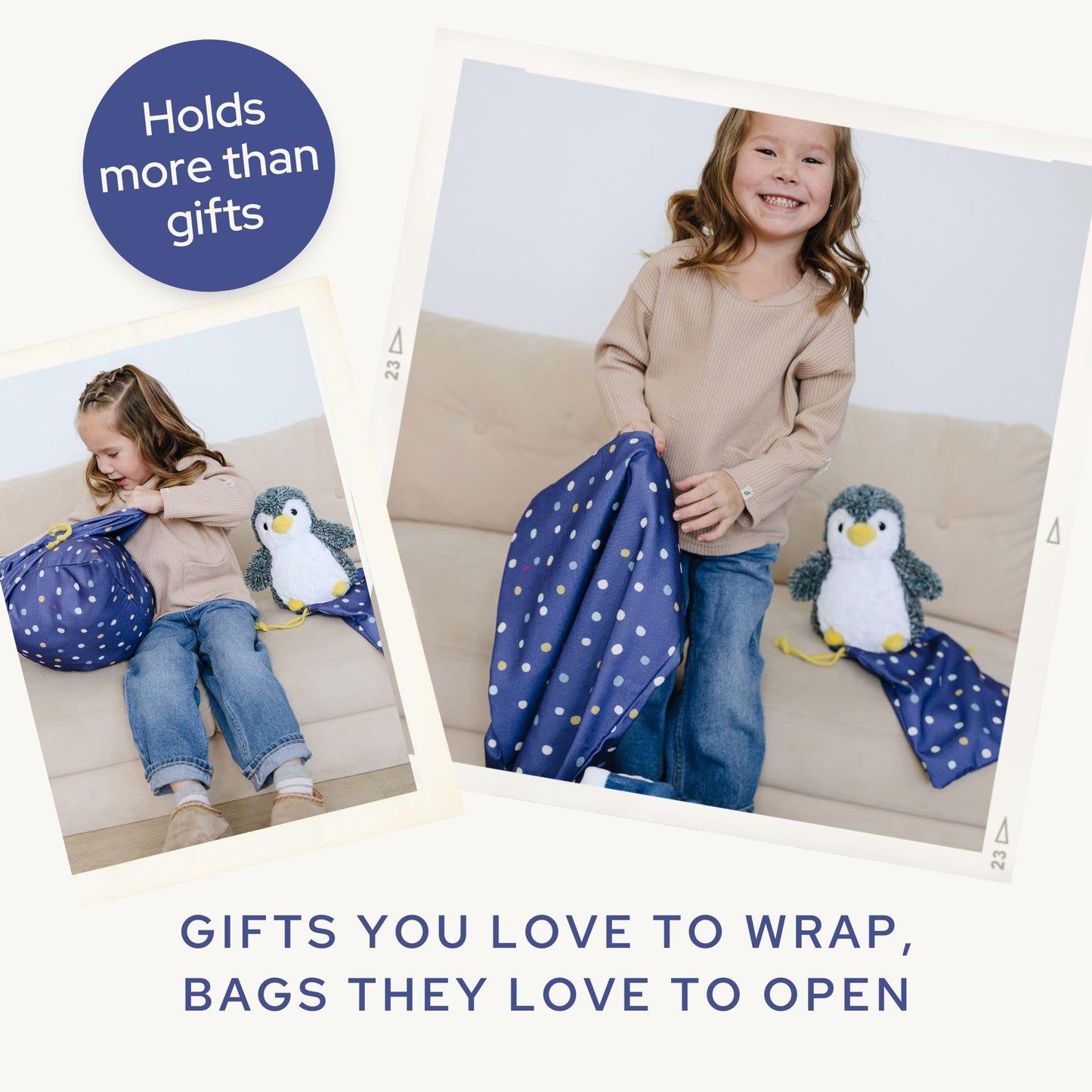 Gather & Knot Dot Gift Bags | Reusable Fabric Drawstring Bags | Large 20” & Small 12” | Premium Canvas Wrap for Birthdays, Showers & Gifting | Navy Painted Dots