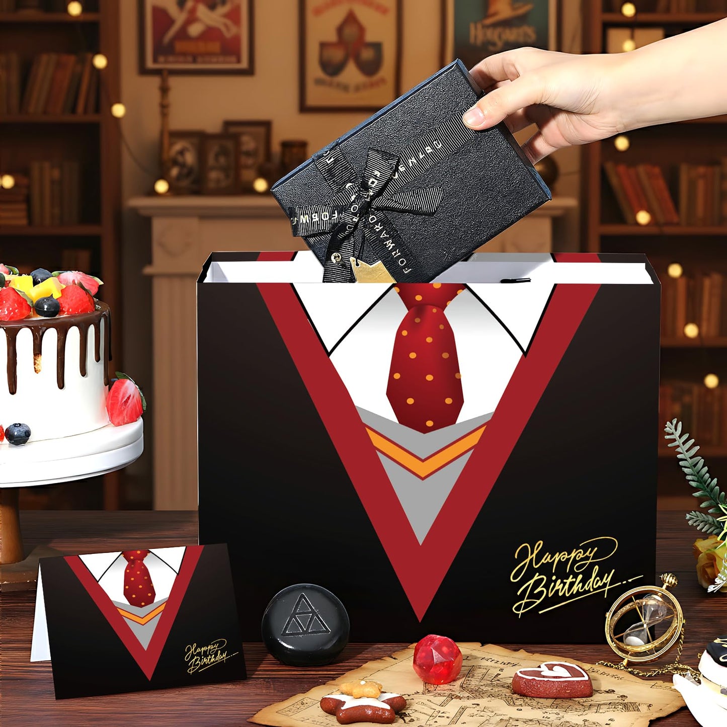 Large Wizard School Gift Bag with Wrapping Paper and Card Magical Wizard Birthday Bag with Handles Tie Necktie Birthday Baby Shower Paper Bags for Girls Boys Halloween Party Supplies Decorations