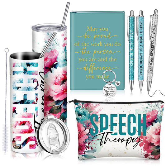 Patelai 7 Pcs Speech Therapy Gifts for Women Teachers Day Language Pathologist Gifts Set for Slp Assistant Therapist Pathologist Include Notebook Tumbler Makeup Bag Pen Essentials(Pink Floral)