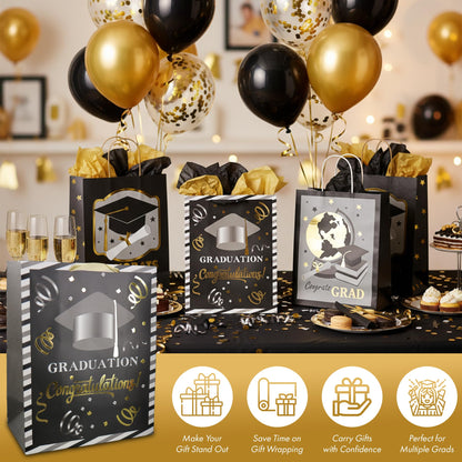 Iconikal 3-Pack Graduation Gift Bags, Large 10.5x13x5.5 Inch, Foil Embellished Designs