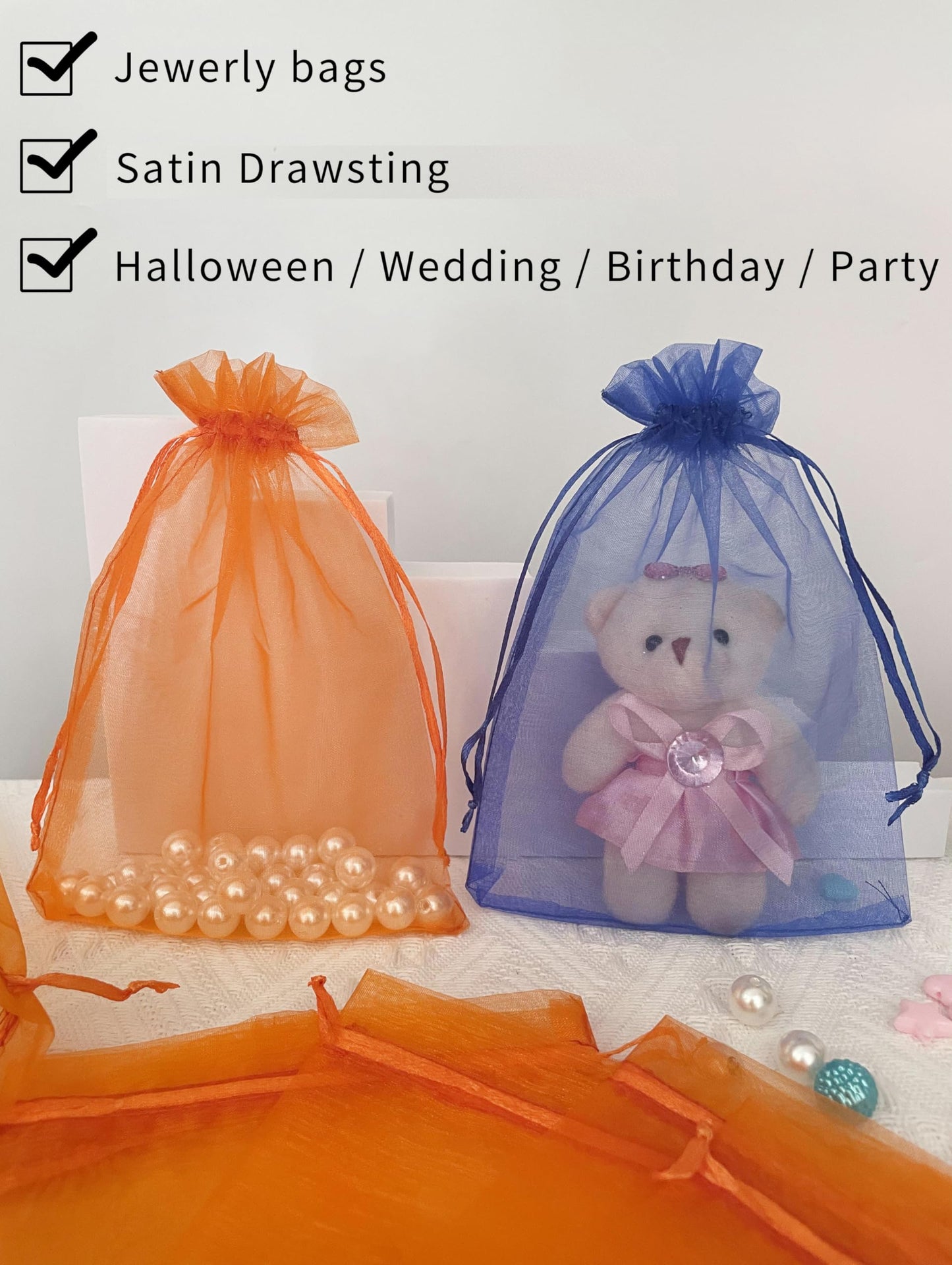 Jexila 100PCS Orange Organza Bags 5X7 inches Easter Drawstring Goodie Candy Treat Bags for Kids Halloween Birthday Party Favor Orange Mesh Gift Bags