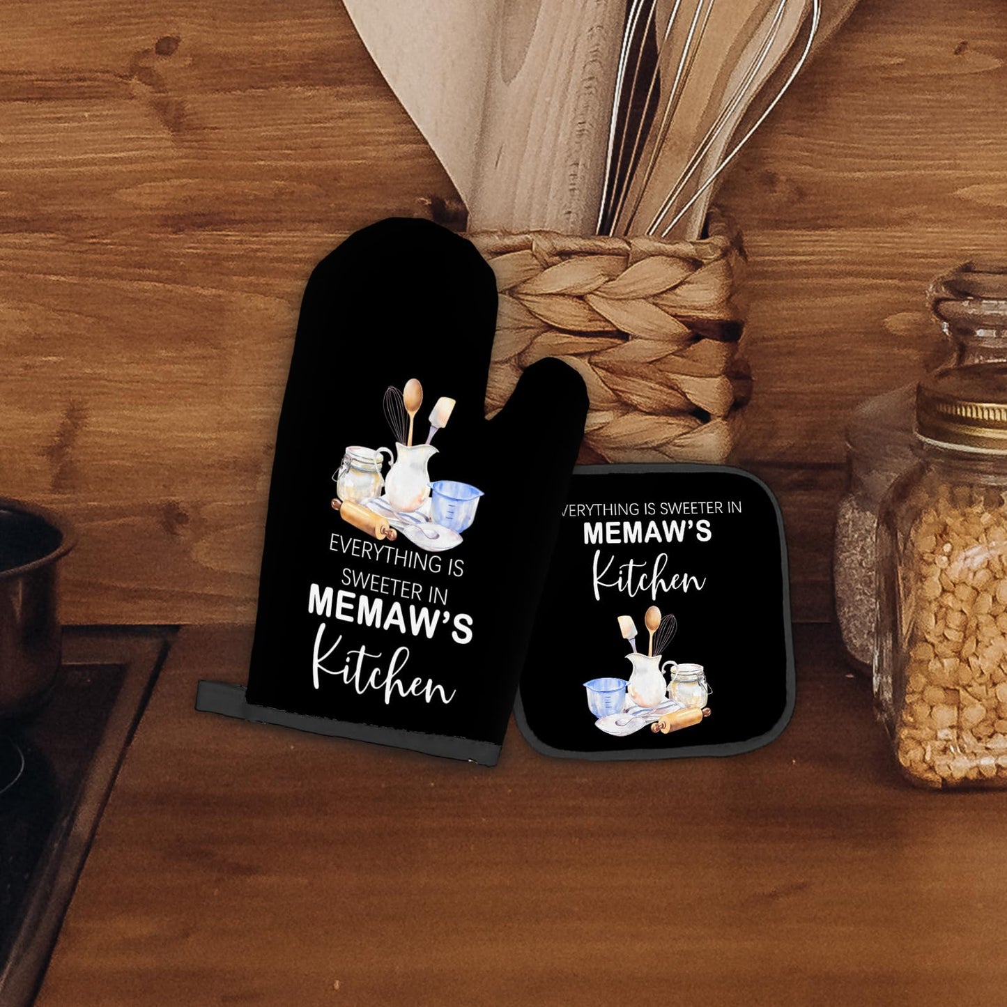 Memaw Gifts Oven Mitts and Pot Holders Sets, Gifts for Grandma from Grandkids, Sweeter in Memaw's Kitchen Heat Resistant Oven Glove Potholders for Baking