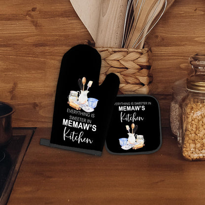 Memaw Gifts Oven Mitts and Pot Holders Sets, Gifts for Grandma from Grandkids, Sweeter in Memaw's Kitchen Heat Resistant Oven Glove Potholders for Baking