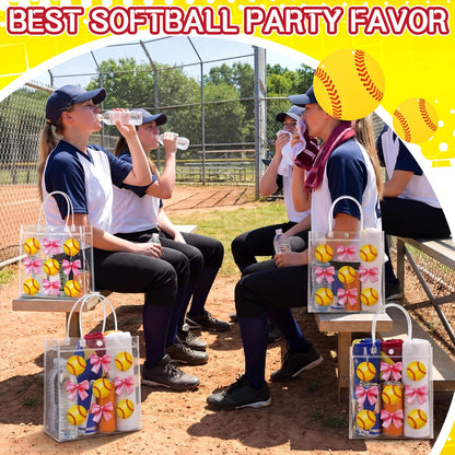 Wesnoy 20 Pcs Cute Softball Gift Bag Pink Bow Softball Goodie Gifts Bags with Handles Reusable Sport Themed Treat Bags for Candy Birthday Party Supplies 8 x 8 x 3.15''