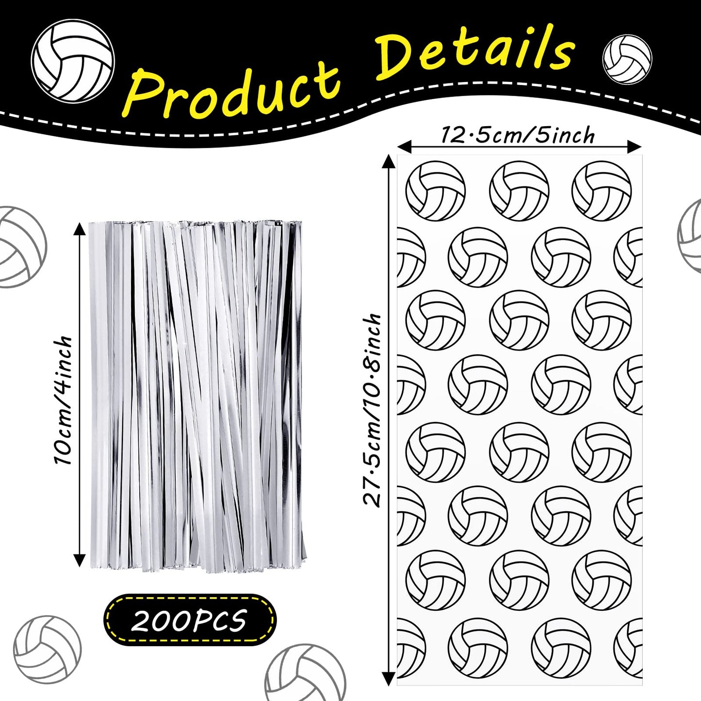 Outus 100 Pcs Volleyball Print Cellophane Bags Volleyball Party Treat Gifts Bags with 200 Pieces Twist Ties for Birthday Party Supplies Goody Favor