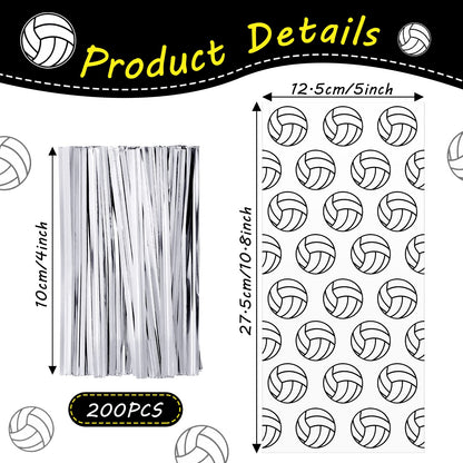 Outus 100 Pcs Volleyball Print Cellophane Bags Volleyball Party Treat Gifts Bags with 200 Pieces Twist Ties for Birthday Party Supplies Goody Favor